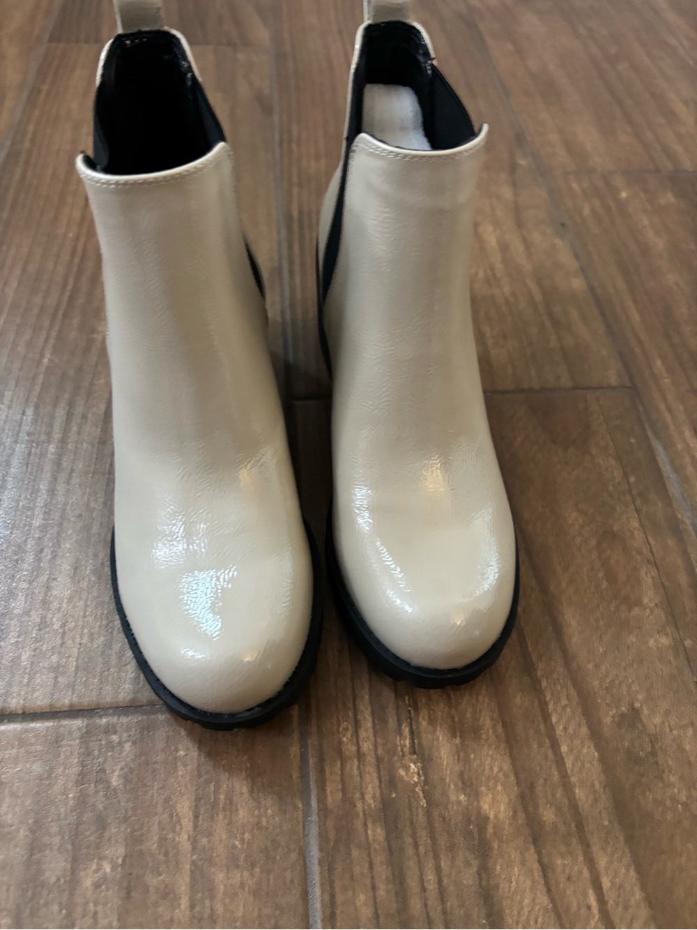 Dirty Laundry Cream Patent Chelsea Booties with Black Sole